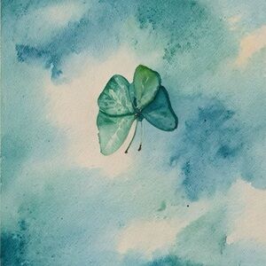 8.5x8.5in Abstract Watercolour Green and Blue Butterfly   Art Print